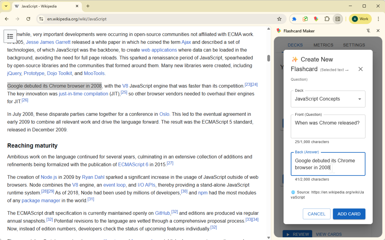 New flashcard creation dialog