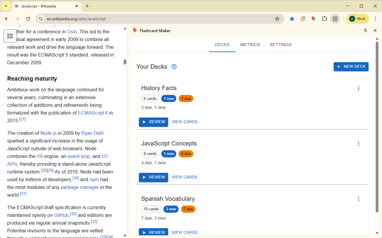 Organize flashcards into decks in Chrome side panel